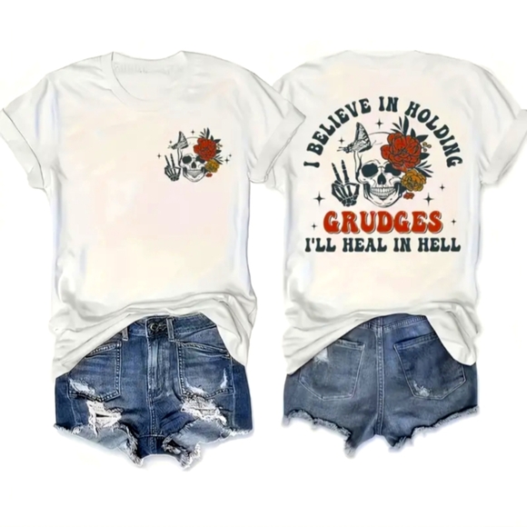 Amazon Tops - Graphic Tee with Skull and Rose Design